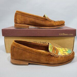 Bass 2 Weejuns P Tropic Brown Leather Penny Loafer Women's Size 6.5M Floral Top